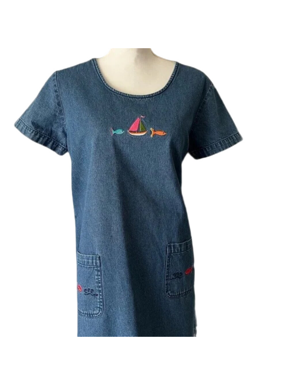 CB Blue Denim Dress Scoop Neck Short Sleeve - Picture 2 of 12